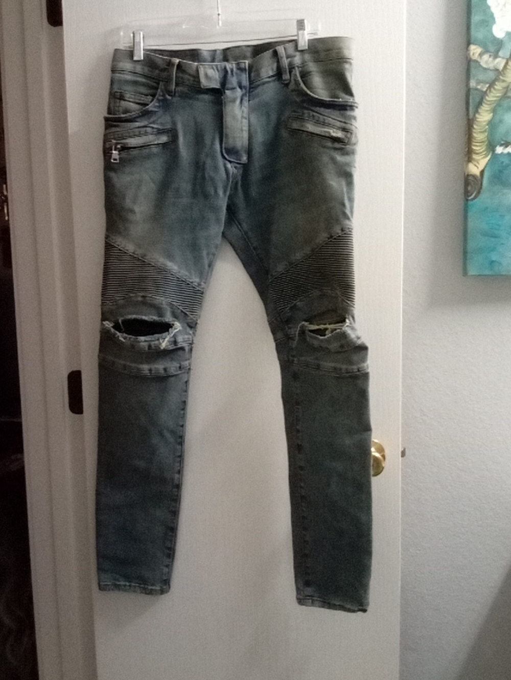 Balmain Men's Skinny Moto Jeans - Washed Blue Gray
